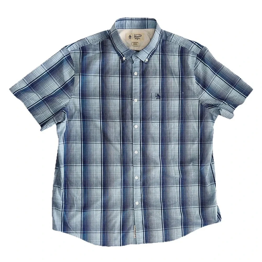Penguin by Munsingwear Blue XL Classic Fit Shirt Button Plaid Vintage - Picture 1 of 7